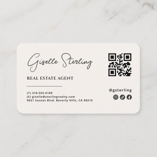 Minimalist Beige Real Estate Agent QR Code Visitekaartje (Achterkant)