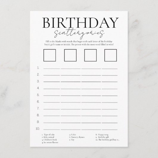Minimalist birthday scattergories game card informatiekaartje (Voorkant)