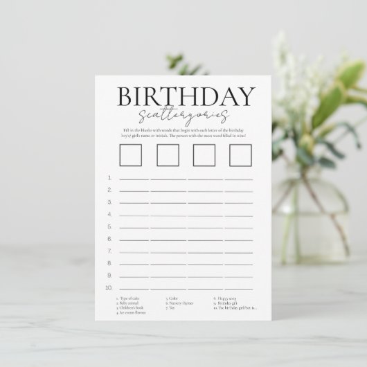 Minimalist birthday scattergories game card informatiekaartje (Staand voorkant)
