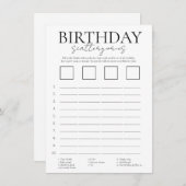 Minimalist birthday scattergories game card informatiekaartje (Voorkant / Achterkant)