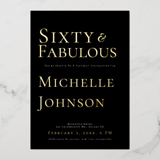 Minimalist Black 60 & Fabulous Birthday Party Folie Uitnodiging (Voorkant)