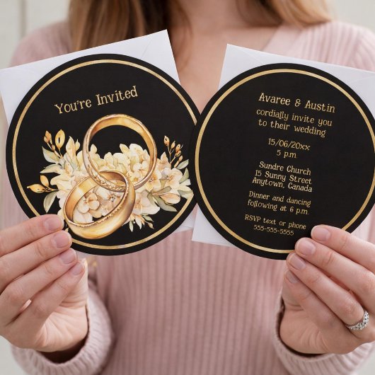 Minimalist Black and Gold Wedding Rings Invitation Kaart