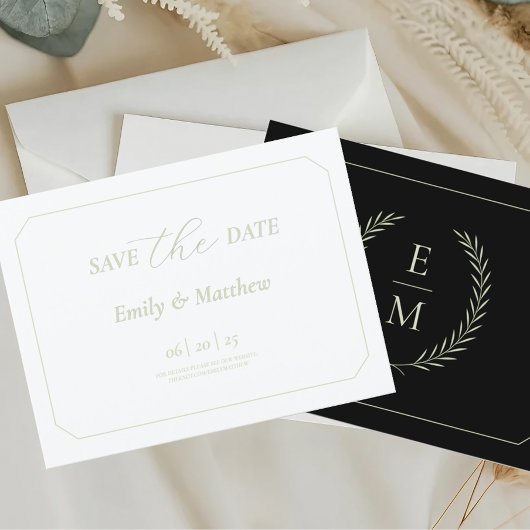 Minimalist Black and Sage Wedding Save The Date Aankondigingskaart