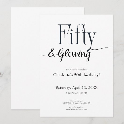 Minimalist Black and White 50th Birthday Invite  Kaart (Voorkant / Achterkant)