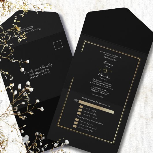 Minimalist Black Background Gold Frame Wedding All In One Uitnodiging