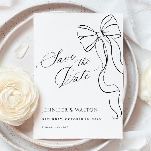 Minimalist Black Bow Save The Date Kaart
