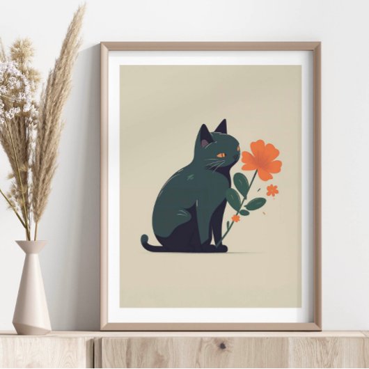 Minimalist Black Cat Flower  Poster