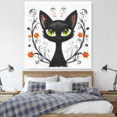 Minimalist Black Cat Green Eyes Filigree Design Canvas Afdruk (Insitu (Slaapkamer))