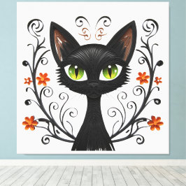 Minimalist Black Cat Green Eyes Filigree Design Canvas Afdruk