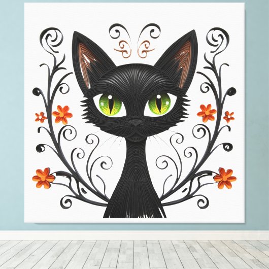 Minimalist Black Cat Green Eyes Filigree Design Canvas Afdruk (Insitu (Houten vloer))