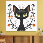 Minimalist Black Cat Green Eyes Filigree Design Canvas Afdruk (Insitu (Woonkamer))