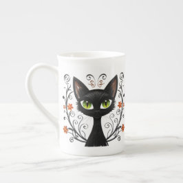 Minimalist Black Cat Green Eyes Filigree Design Porselein Kop