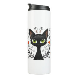Minimalist Black Cat Green Eyes Filigree Design Thermosbeker