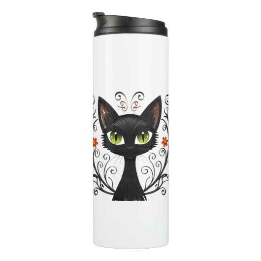 Minimalist Black Cat Green Eyes Filigree Design Thermosbeker (Geroteerd rechts)