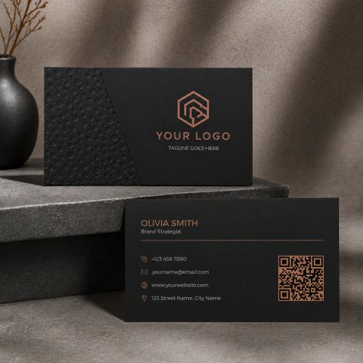 Minimalist Black Copper Geometric QR Code Visitekaartje