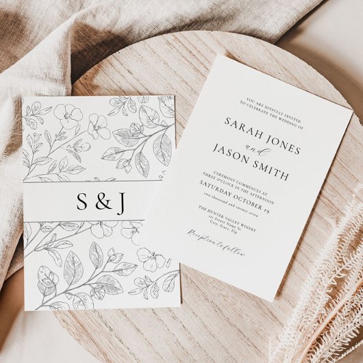 Minimalist Black Floral Wedding Invitation Kaart