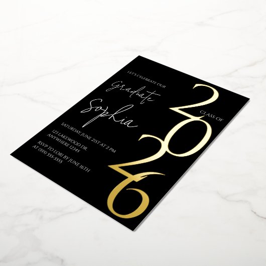 Minimalist Black & Gold Graduation Foil Invitation Folie Uitnodiging (Gedraaid)