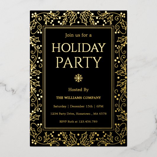 Minimalist Black & Gold Holiday Gathering Folie Uitnodiging (Voorkant)