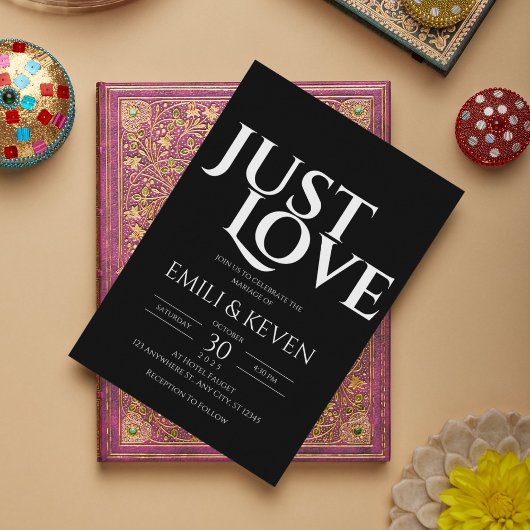 Minimalist Black Just Love Wedding Invitation Kaart
