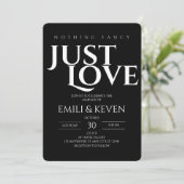 Minimalist Black Just Love Wedding Invitation Kaart (Staand voorkant)