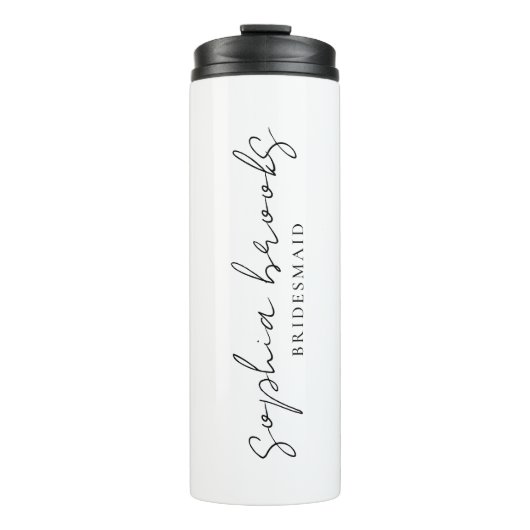 Minimalist Black Script Bridesmaid Wedding Favor Thermosbeker (Voorkant)
