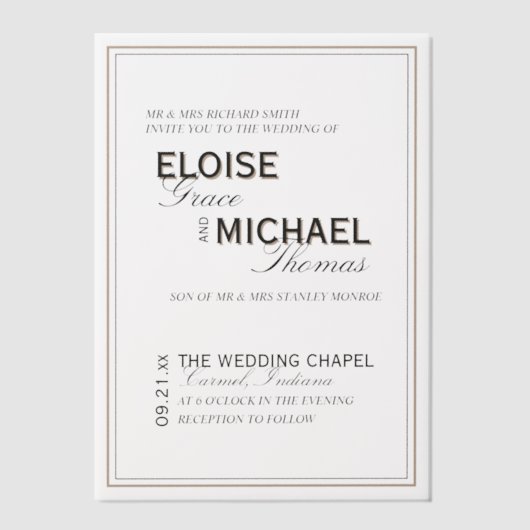 Minimalist Black Tie Formal Wedding Vellum Uitnodigingen (Voorkant)