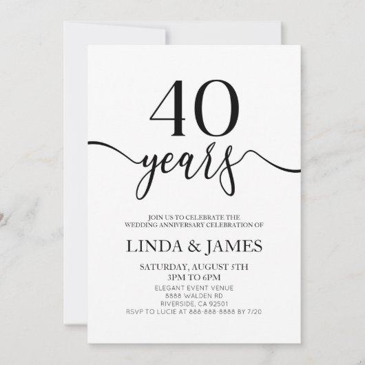 Minimalist Black White 40th Wedding Anniversary Kaart (Voorkant)