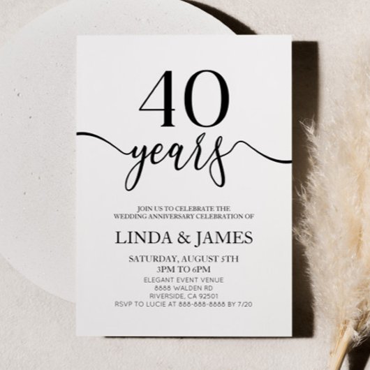 Minimalist Black White 40th Wedding Anniversary Kaart