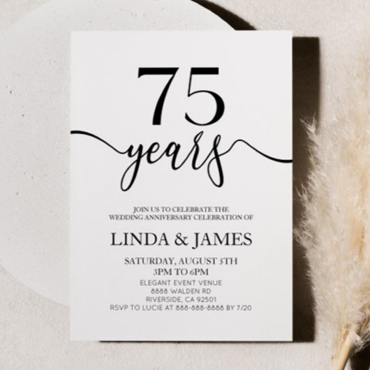 Minimalist Black White 75th Wedding Anniversary Kaart