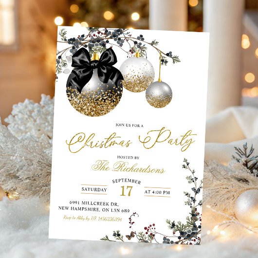 Minimalist Black White and Gold Christmas Party Kaart