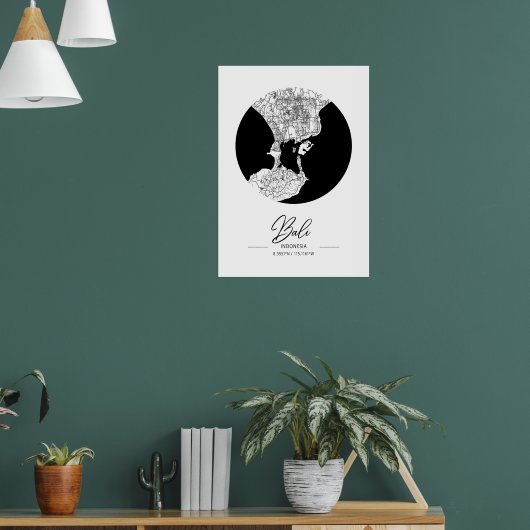 Minimalist Black & White Bali City Map Poster (Woonkamer 1)