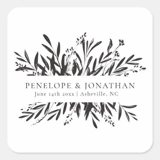 Minimalist Black White Botanical Wedding Favor Vierkante Sticker (Voorkant)