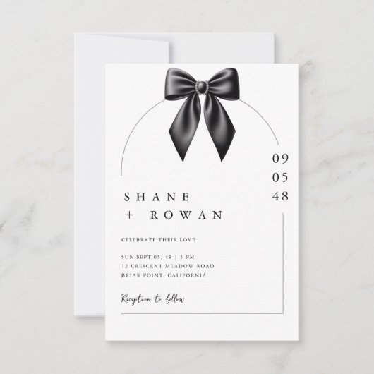 Minimalist Black & White Bow Wedding Invitation  Kaart (Voorkant)