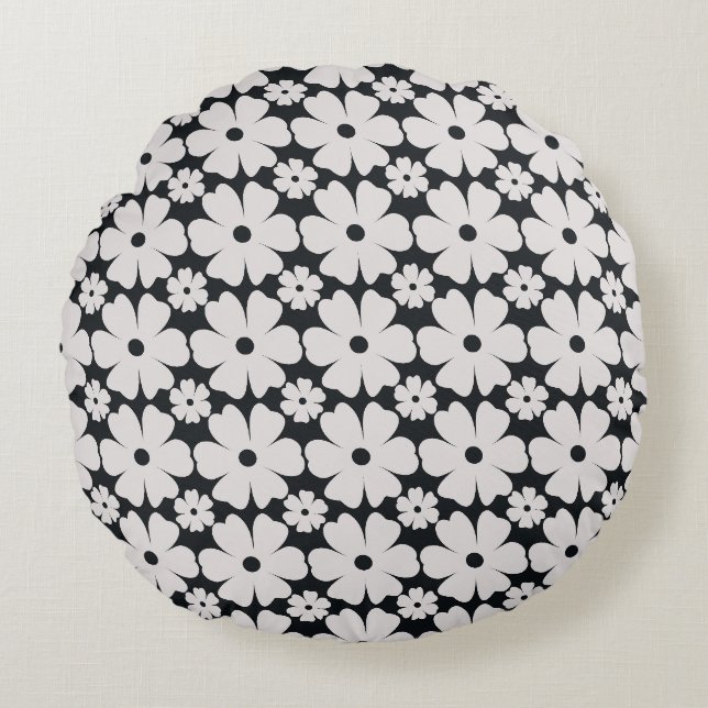 Minimalist black & white daisy pattern rond kussen (Voorkant)