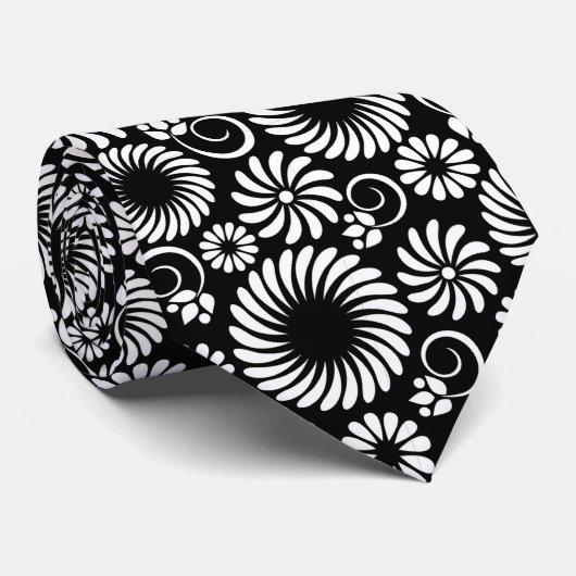 Minimalist Black White Folk Flower Spirals Pattern Stropdas (Opgerold)