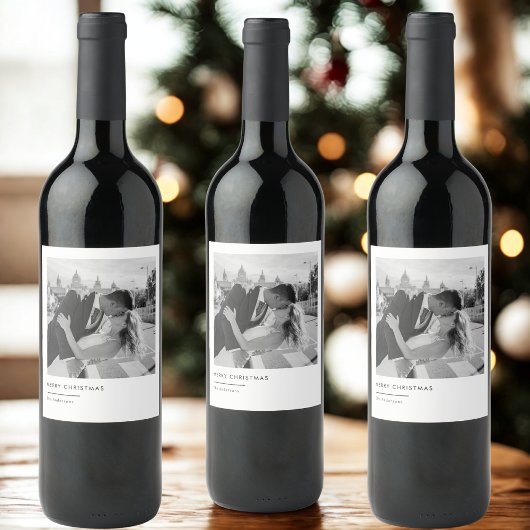 Minimalist Black & White Photo Christmas Wijn Etiket