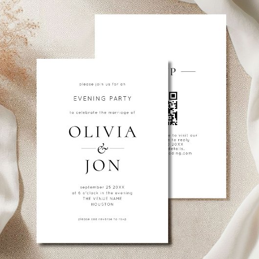 Minimalist Black White QR Code Wedding Evening Kaart