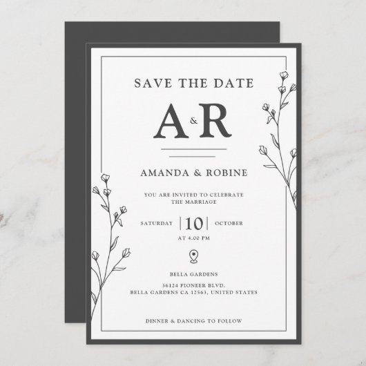 Minimalist Black & White Save The Date (Voorkant / Achterkant)