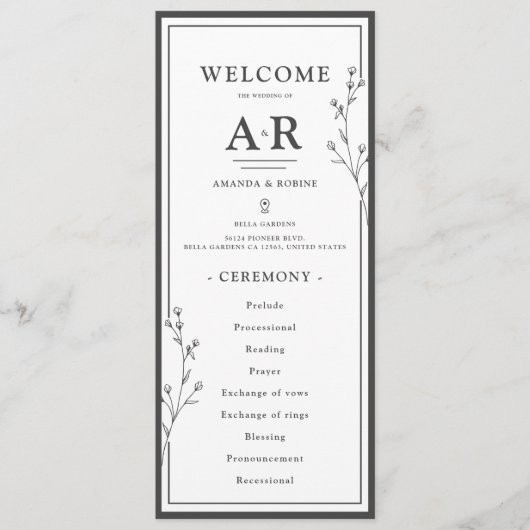 Minimalist Black & White Wedding Programmakaart (Voorkant)