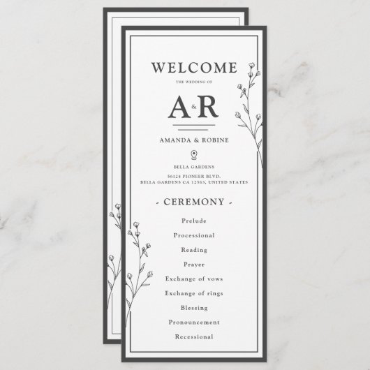 Minimalist Black & White Wedding Programmakaart (Voorkant / Achterkant)