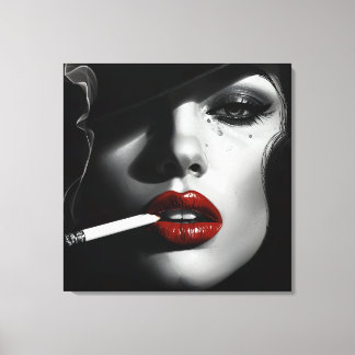 Minimalist Black & White Woman with cigarette Canvas Afdruk
