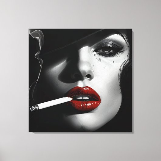 Minimalist Black & White Woman with cigarette Canvas Afdruk (Voorkant)