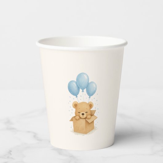 Minimalist Blue Balloon Bear Baby Shower Papieren Bekers (Achterkant)