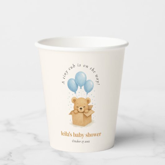 Minimalist Blue Balloon Bear Baby Shower Papieren Bekers (Voorkant)