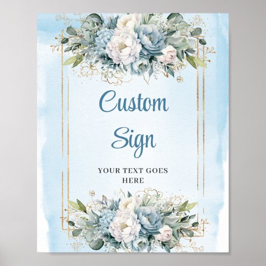 Minimalist Blue Botanical Gold Wedding Sign DIY Poster (Voorkant)