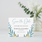 Minimalist Blue Botanical Save the Date Kaart (Staand voorkant)