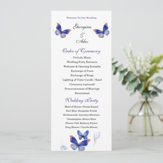 Minimalist Blue Editable Photo Wedding Program Programmakaart (Staand voorkant)