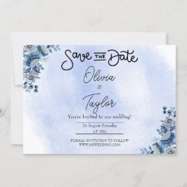 Minimalist Blue Floral Wedding Save the Date Kaart