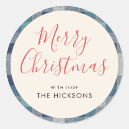 Minimalist Blue Gray Plaid Merry Christmas  Ronde Sticker