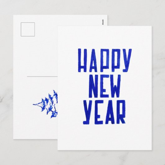 Minimalist Blue Happy New Year Postcard Painting Feestdagenkaart (Voorkant / Achterkant)